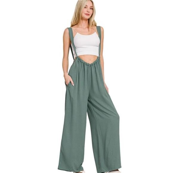 Zenana Woven Tie Back Suspender Jumpsuit - Picture 1 of 3